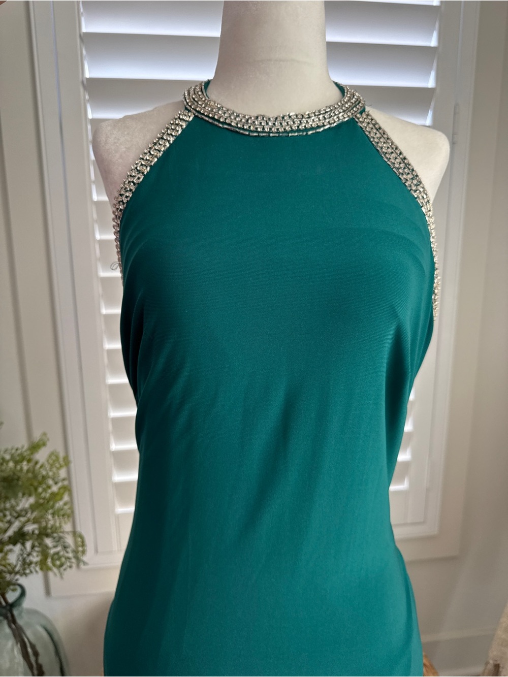Teal Halter Evening Dress with Rhinestone Trim